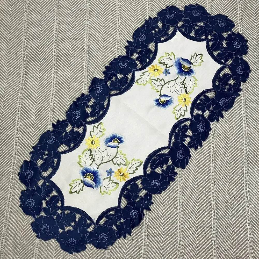 Floral Table Runner Machine Embroidered and Cut Blue Lace Trim 15x34 Polyester